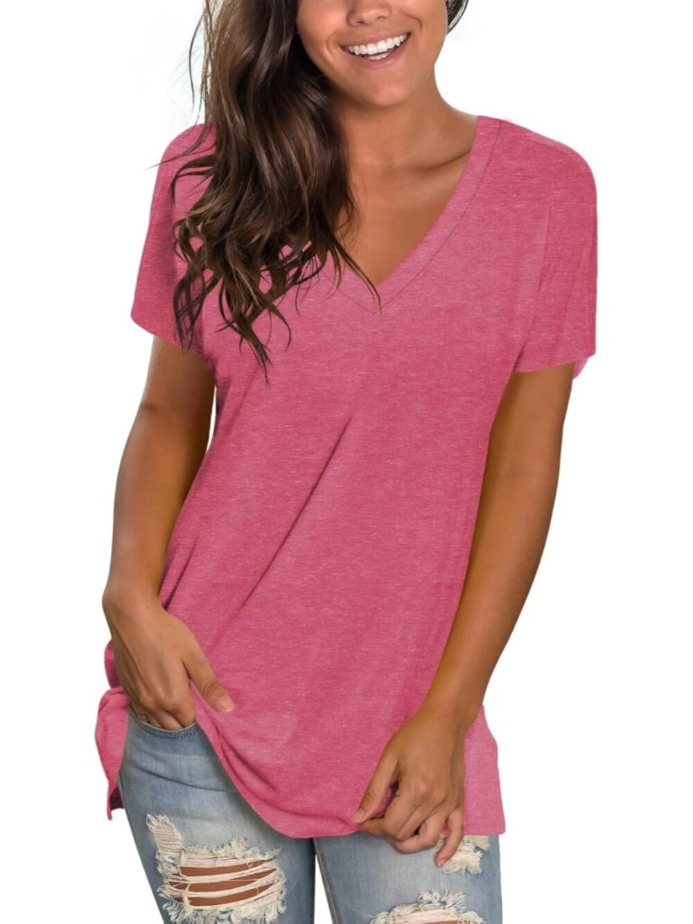 〽️Women Pink Basic V Neck Tee Loose Fitting Casual Short Sleeve Tops T Shirt